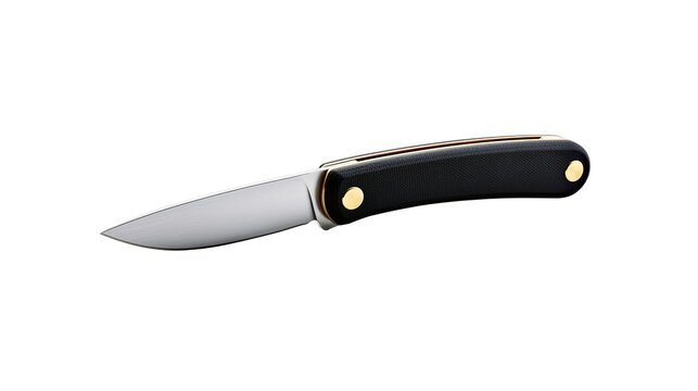 Polished steel blade pocket knife with black textured handle and gold accents, isolated on transparent background