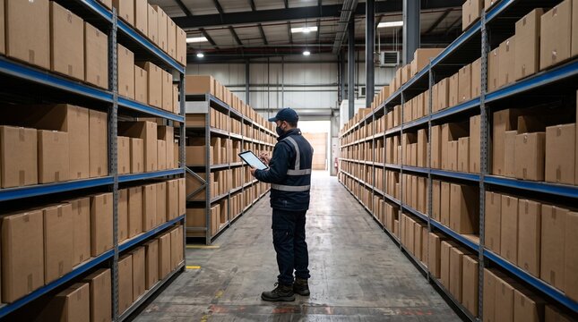 Warehouse worker checking inventory with a digital tablet