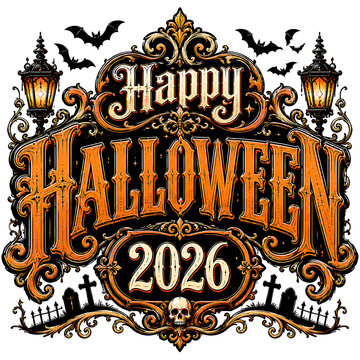 Decorative happy halloween 2026 typography poster with ornate vintage style frame
