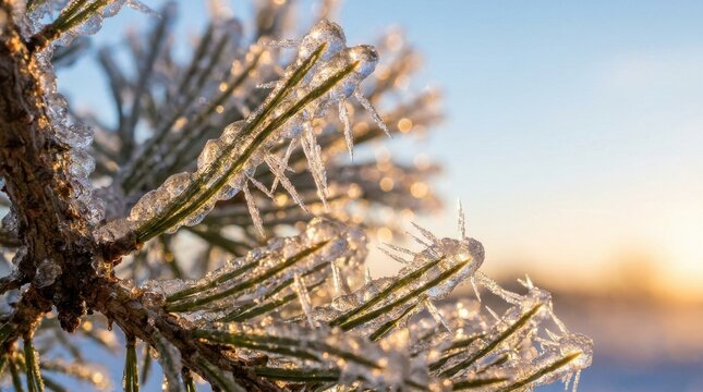 Stunning Close Up of Pine Needles Coated in Thick Glaze Ice After a Freezing Rain Storm During Golden Hour Sunset Winter Season Concept Background