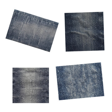 Set of blue denim fabric texture swatches isolated on transparent background