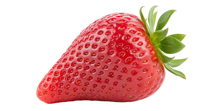Ripe red strawberry with green leaves, isolated on transparent background