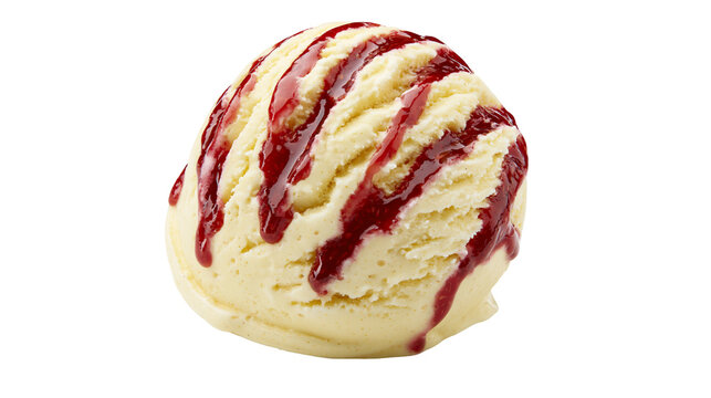 Creamy vanilla ice cream scoop with red berry swirl, isolated on transparent background