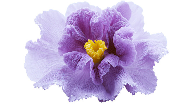 Delicate purple hibiscus flower with ruffled petals and yellow center, isolated on transparent background