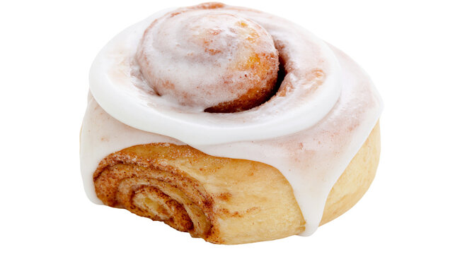 Sweet cinnamon roll with white frosting, isolated on transparent background