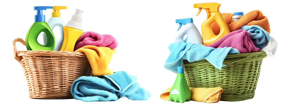 Two laundry baskets filled with colorful towels and cleaning supplies isolated on a transparent background