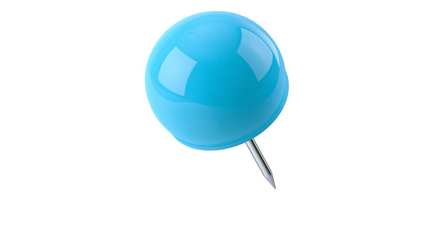 Shiny blue thumbtack with sharp metal pin, isolated on transparent background