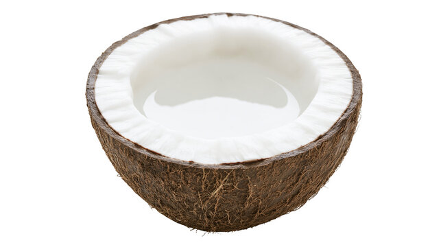 Half coconut with white flesh and clear liquid, isolated on transparent background
