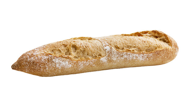 Golden brown crusty baguette with flour dusting, isolated on transparent background