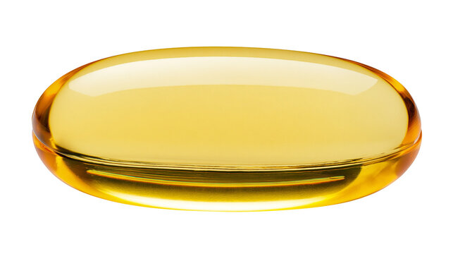 Translucent yellow oval softgel capsule filled with liquid, isolated on transparent background