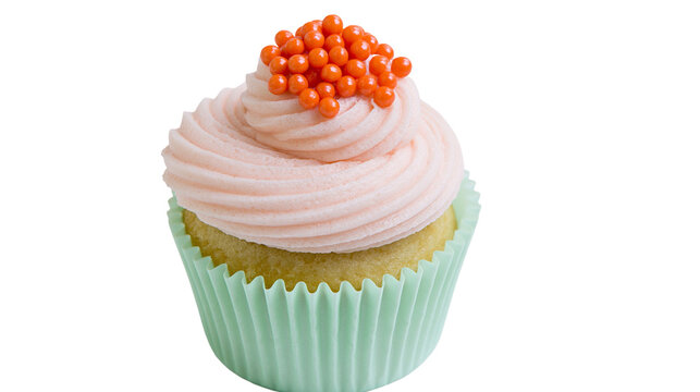 Yellow cupcake with pink frosting and orange sprinkles, isolated on transparent background