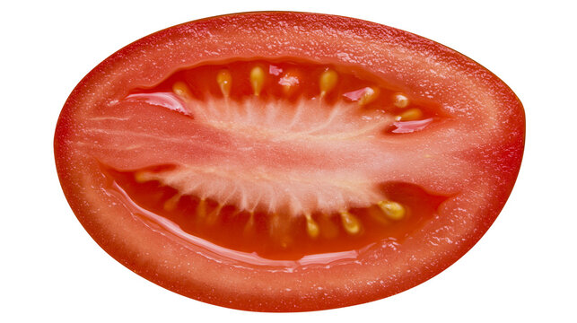 Juicy red Roma tomato half with visible seeds and pulp, isolated on transparent background