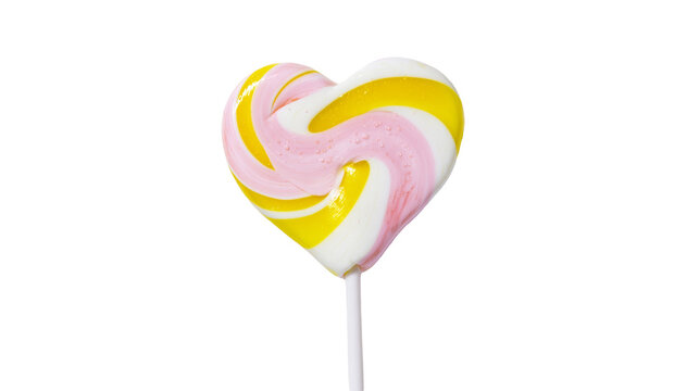 Swirled heart-shaped lollipop with pink and yellow stripes, isolated on transparent background
