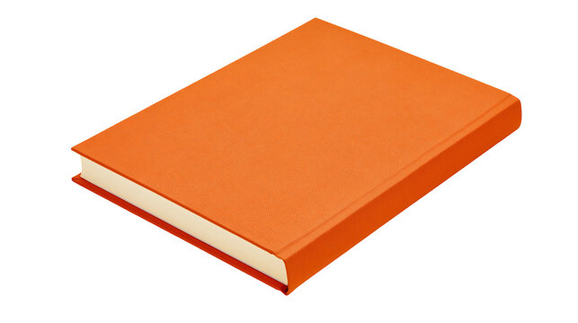 Closed orange hardcover book with cream pages, isolated on transparent background