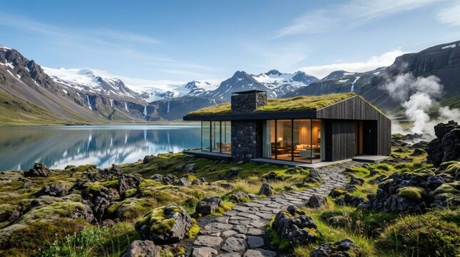 Modern Cabin Green Roof Lake Mountain Landscape Architecture Exterior