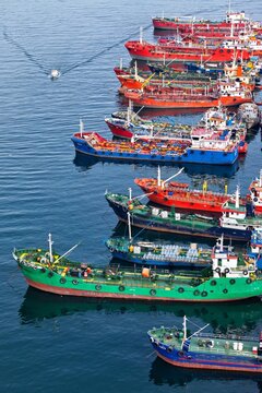 Aerial view of fuel ships anchored in the Marmara Sea in Istanbul, Turkey.