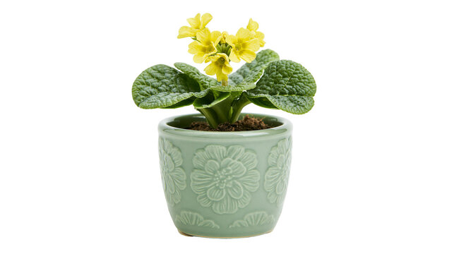 Yellow primrose flower in decorative green pot