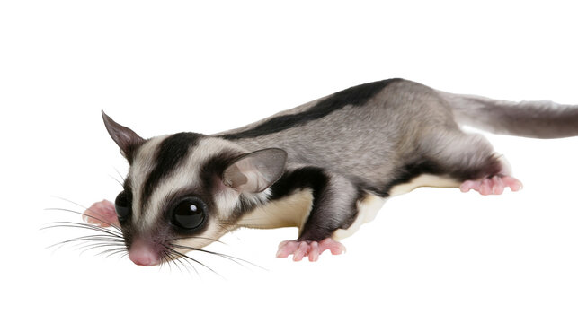 Sugar glider with black stripes and large eyes on white