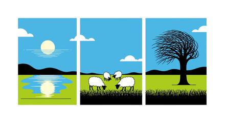 Fototapeta premium Flat vector illustration of a sheep meadow landscape triptych