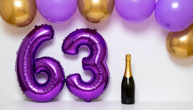 Number 63 Balloon with Champagne Bottle. Purple and Gold Theme for Birthday or Anniversary Celebration