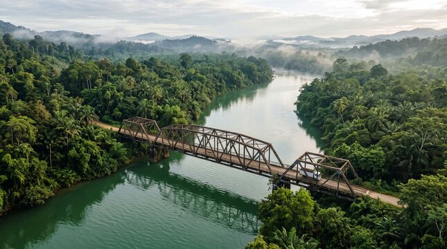 Old steel truss bridge crossing a river in a lush tropical rainforest