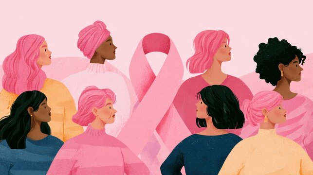 Diverse women facing a large pink awareness ribbon, representing collective support and solidarity. Community unity, hopeful awareness, feminine strength, breast cancer awareness, Pink Ribbon Month.