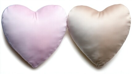 Fototapeta premium Two heart-shaped pillows, one in soft pink and the other in a warm beige, create a cozy and inviting atmosphere, making them ideal for decor in living spaces, bedrooms, or Valentine's themes,