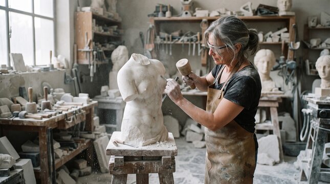 Female artist carving a human torso statue in a stone workshop with sculptor