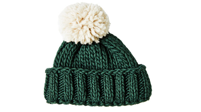 Chunky knit beanie hat with cream pom pom