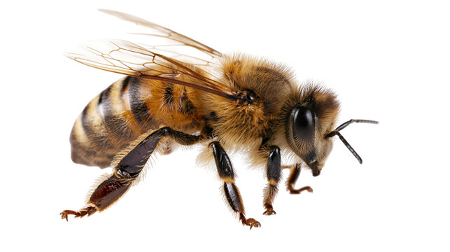 Honey bee insect with fuzzy body and striped abdomen