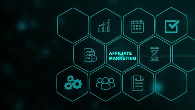 Affiliate marketing. Businessman with virtual screen of affiliate marketing icons for new business concept. Marketing strategies to advertise.