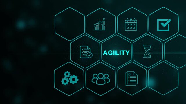 A Agility concept button on a futuristic ,beautiful abstract wave technology background, white flickering dots on technology background.