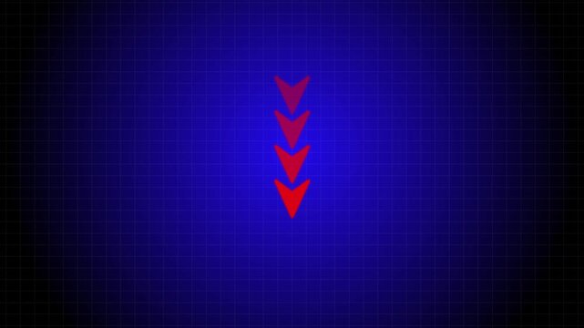 Animated Downward red Arrows on Blue Grid Background &ndash; Decline, Decrease and Downward Direction Concept 4K