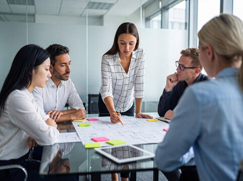 Diverse business team brainstorming and reviewing architectural plans on a table during a meeting in a modern office.