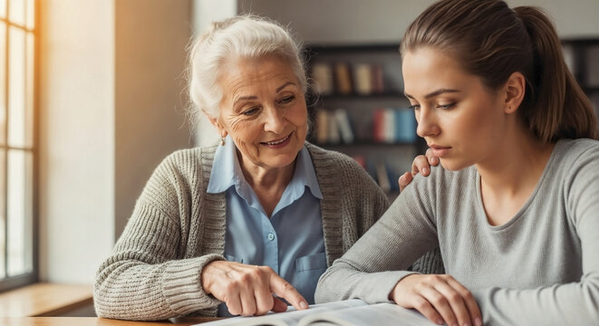 Elderly woman teaching granddaughter from open book, pointing to text with gentle guidance, fostering intergenerational learning. Patient elderly woman teaching granddaughter shares wisdom.