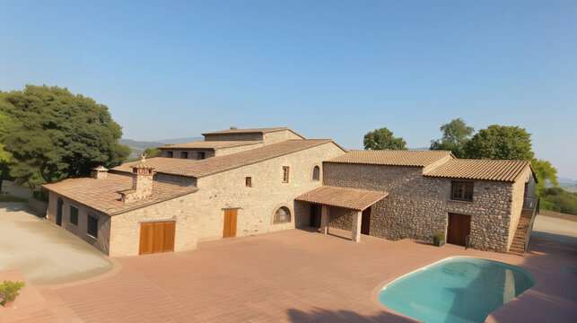 Rustic stone Catalan farmhouse featuring a patio, swimming pool, and tiled roof under a clear sky.