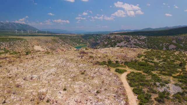 Aerial panoramic view of Zrmanja River canyon from Parizevacka Glavica viewpoint in Croatia