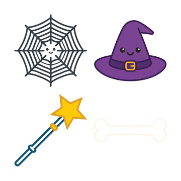 Cute kawaii Halloween icons set. Magic wand, spider web, witch hat, bone. Cartoon vector illustrations for spooky designs isolated on White Background icon bundle