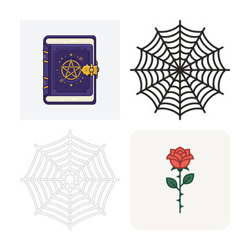 Halloween line icon set of 4 elements, spooky vampire bat and gothic coffin symbols, jack o lantern pumpkin and dracula cape graphics isolated on White Background icon bundle