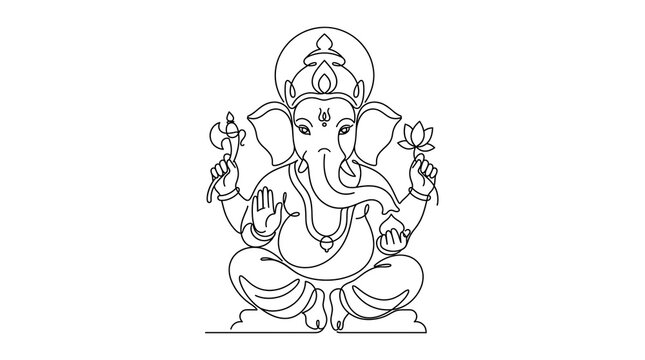Lord Ganesha line art illustration, Hindu god Ganpati drawing on white background, spiritual deity outline for coloring
