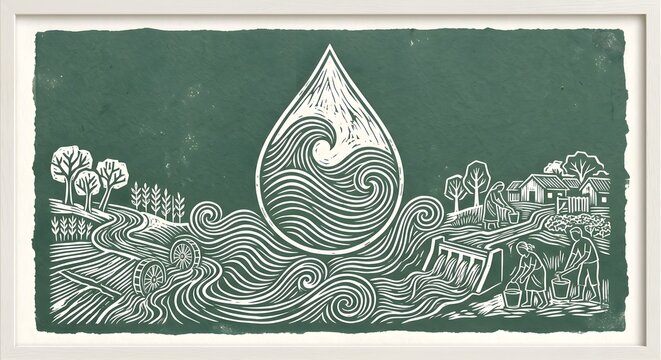 Artistic linocut print style sustainable eco water drop on sage green background