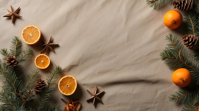 Minimalist winter background with wrinkled beige fabric cloth and dried orange slice