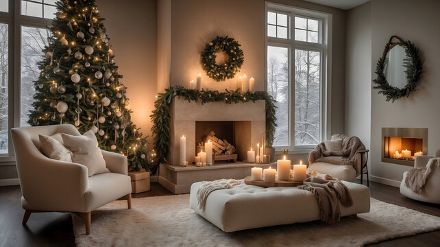 Cozy Christmas living room interior with burning fireplace and festive wreath on wall