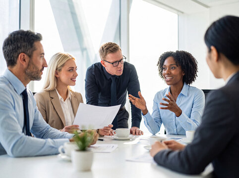 Diverse group of business professionals actively discussing and brainstorming ideas during a collaborative meeting in.