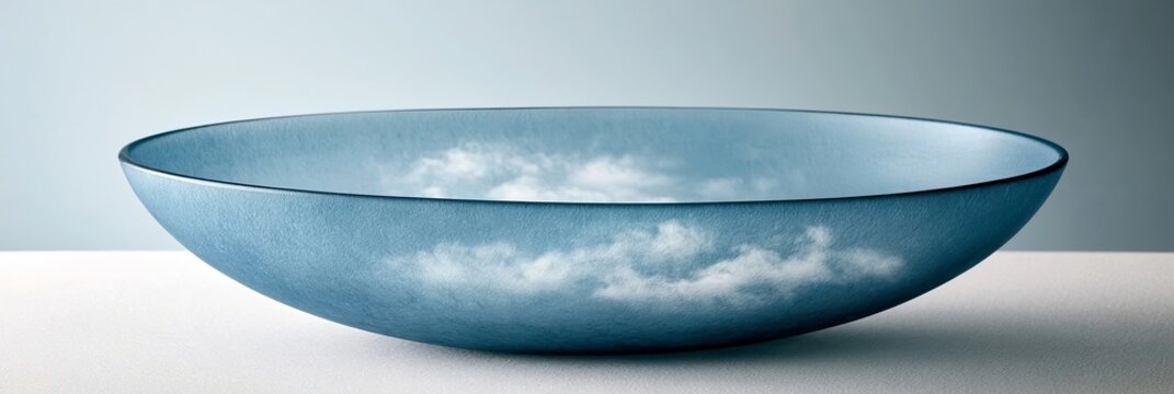 Minimalist Blue Empty Glass Bowl on White Surface, Reflecting Light and Cloud-Like Texture Above