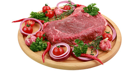 Fototapeta premium Raw beef steak with tomatoes onions garlic chili peppers, and herbs