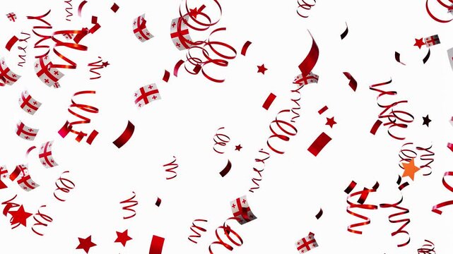 Colorful confetti falls in the air as national flags and symbols of Georgia appear in a 3D animation. This moment captures the spirit of national pride and celebration