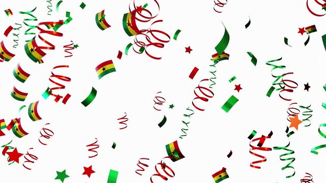Confetti and ribbons fall in a 3D animation while showing flags of Ghana. This animation highlights the celebration of a country and its culture. The scene captures excitement and joy