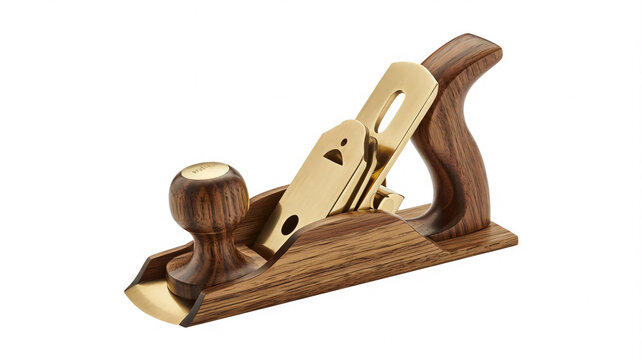 Woodworking plane featuring a polished brass blade and a dark walnut body stands against a plain white background.