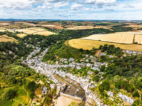 Polperro Harbour and Village from a drone, Polperro, Looe, Cornwall, England